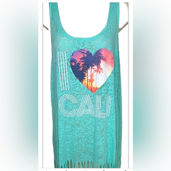 Rampage Women’s I Love Cali Tank Top XL Turquoise With Fringe Semi-Sheer Summer - Picture 1 of 11